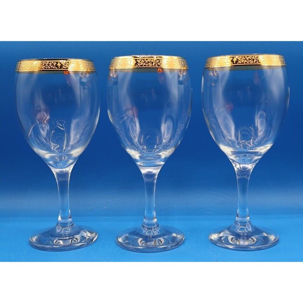 vintage gold rimmed clear glass short wine glasses set of‎ 3 retro dinner party